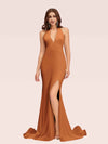 Sexy Backless Side Slit V-Neck Off Shoulder Jersey Long Mermaid Prom Dresses With Slit