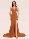 Sexy Halter Side Slit Open Back Stretchy Jersey Long Mermaid Bridesmaid Dresses Online