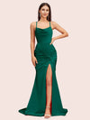 Sexy Backless Mermaid Spaghetti Straps Cowl Long Satin Formal Prom Dresses With Slit