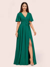 Elegant V-neck Short Sleeves Long Soft Satin Party Prom Dresses With Slit