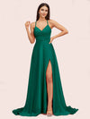 Elegant A-line Spaghetti Straps Long Soft Satin Party Prom Dresses With Slit