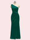 Elegant One Shoulder Long Soft Satin Mermaid Evening Prom Dresses With Slit