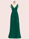 Elegant V-neck Floor Length Long Soft Satin Bridesmaid Dresses With Slit