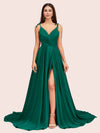Elegant Spaghetti Straps V-neck Long Soft Satin Side Slit Bridesmaid Dresses