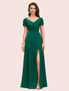 Elegant V-Neck Short Sleeves Long Soft Satin Party Prom Dresses With Slit