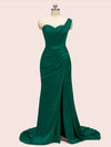 Sexy One Shoulder Long Soft Satin Mermaid Party Prom Dresses With Slit