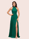 Elegant A-line High Neck Long Side Split Long Soft Satin Bridesmaid Dresses For Sale