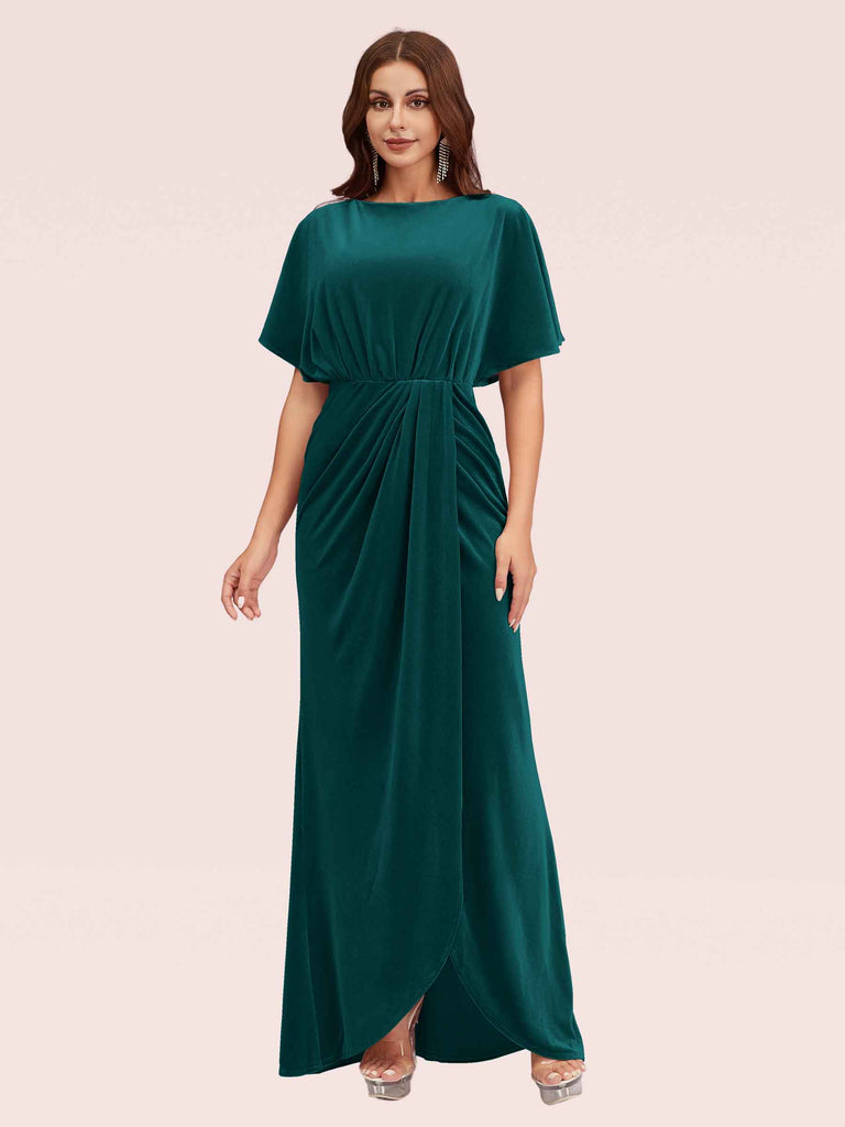 Elegant Velvet Bateau Bat Sleeve Side Slit Long Bridesmaid Dresses With Slit Elegant Velvet Bateau Bat Sleeve Side Slit Long Bridesmaid Dresses With Slit