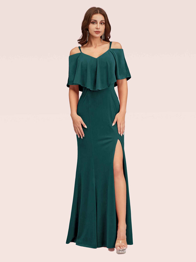 Sexy Cold Shoulder Velvet Mermaid Long Bridesmaid Dresses With Slit