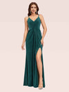 Sexy Spaghetti Strap V-Neck Long Velvet Bridesmaid Dress With Slit