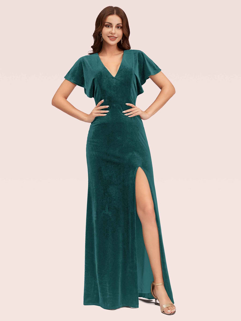 Sexy Bat Sleeves V-neck Long Stretch Velvet Prom Dresses With Slit- Cetims Green Sexy Bat Sleeves V-neck Long Stretch Velvet Prom Dresses With Slit- Cetims Green
