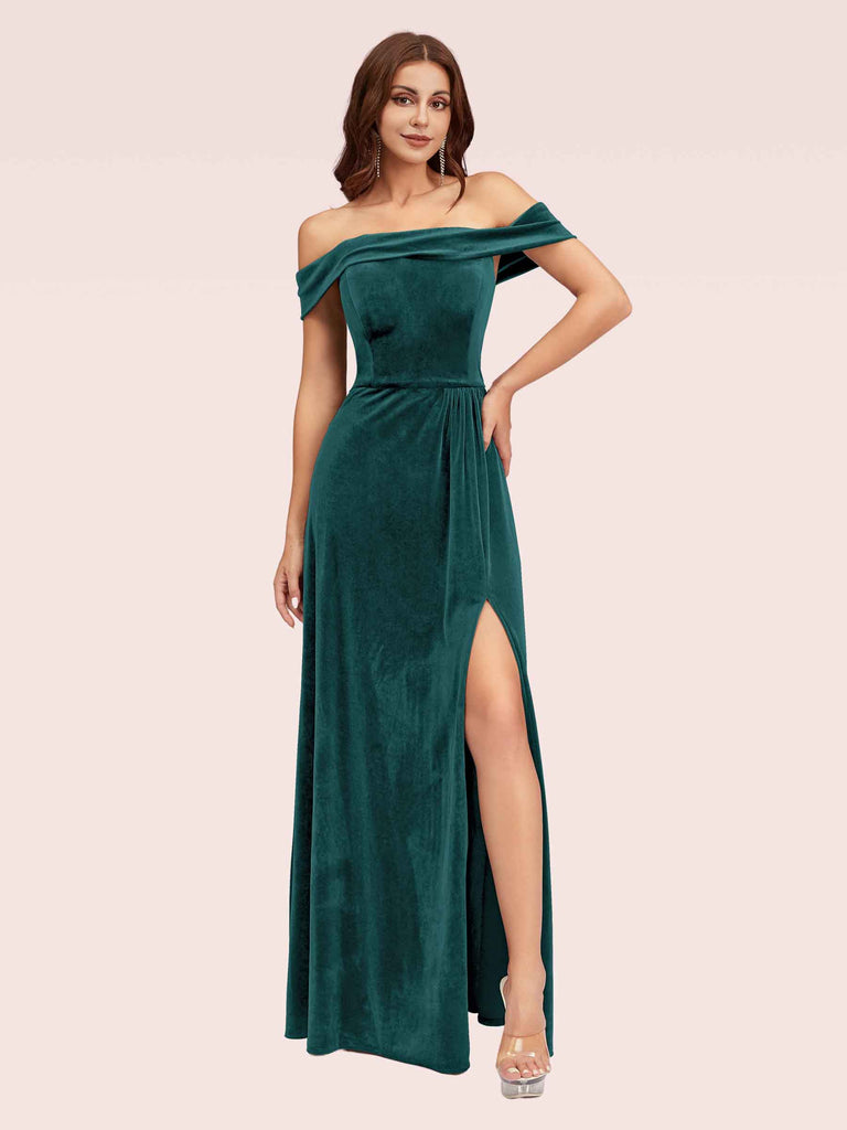 Cetims Chic Stretch Velvet Off Shoulder Sheath Bridesmaid Dress with Side Split Perfect for Wedding Guests and Parties Forest Green