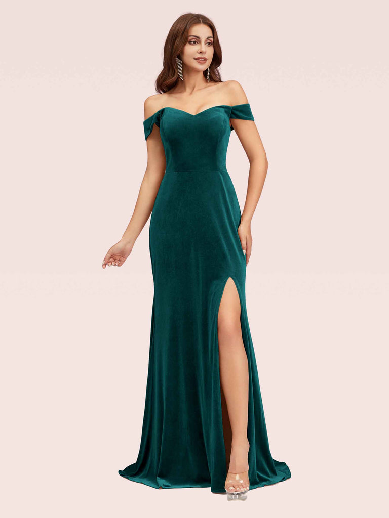 Elegant Side Slit Mermaid Off Shoulder Long Stretch Velvet Bridesmaid Dresses Online Elegant Side Slit Mermaid Off Shoulder Long Stretch Velvet Bridesmaid Dresses Online