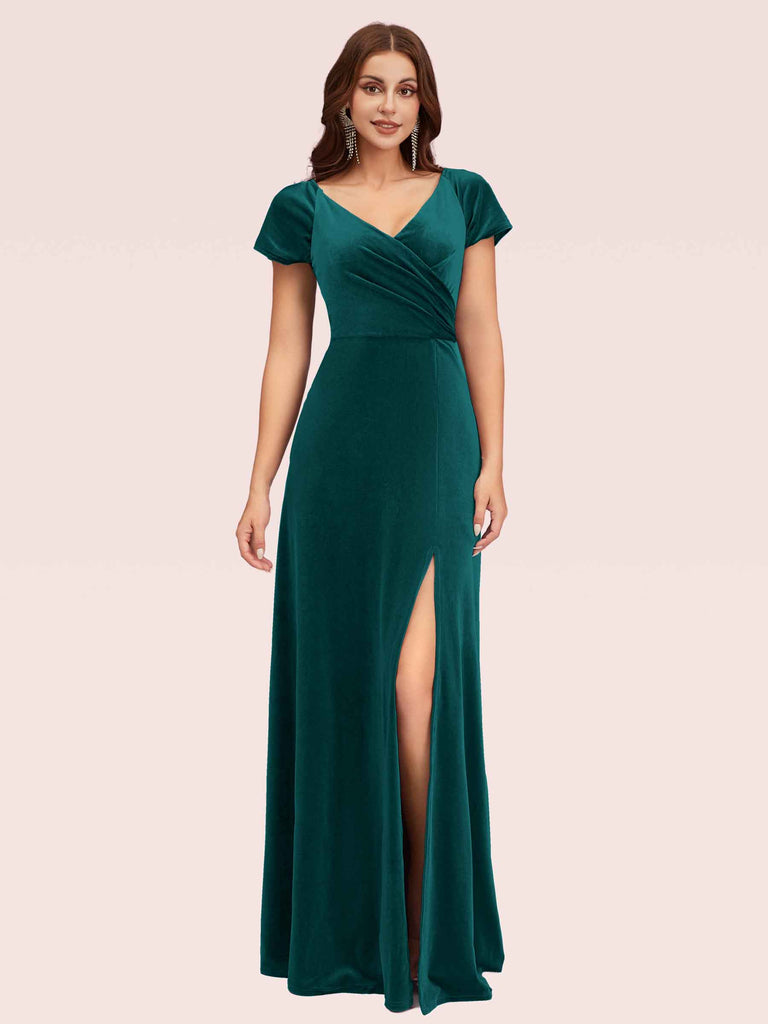 Sexy Side Slit Short Sleeves Velvet V-neck Long Bridesmaid Dresses Sexy Side Slit Short Sleeves Velvet V-neck Long Bridesmaid Dresses