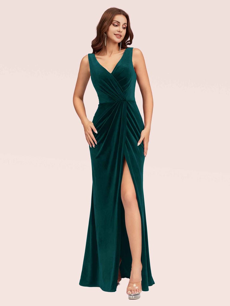 Elegant Mermaid V-Neck Long Side Slit Off Shoulder Velvet Bridesmaid Dresses