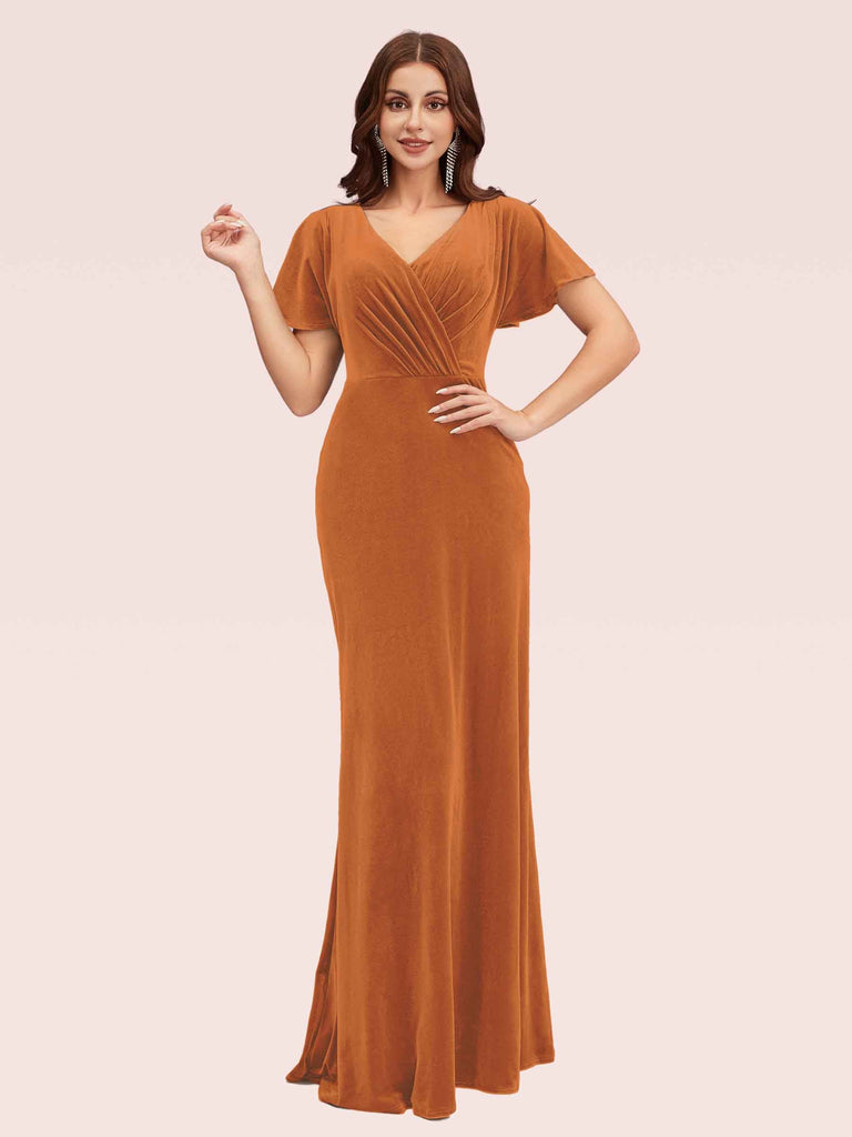 Cetims Sexy Short Sleeves Open Back Long Velvet Formal Prom Dresses Online women's evening Dresses Formal wear for women Burnt Orange