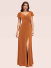 Sexy Side Slit Short Sleeves Velvet V-neck Long Bridesmaid Dresses