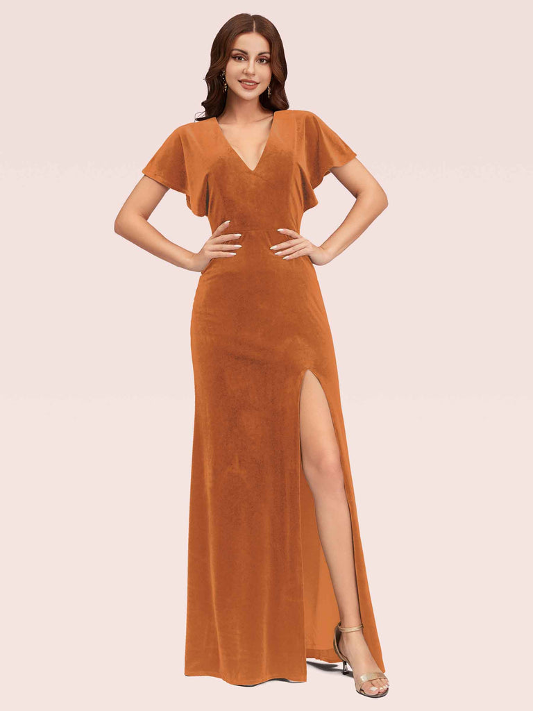 Cetims Sexy Bat Sleeves V neck Long Stretch Velvet Bridesmaid Dresses With Slit Burnt Orange