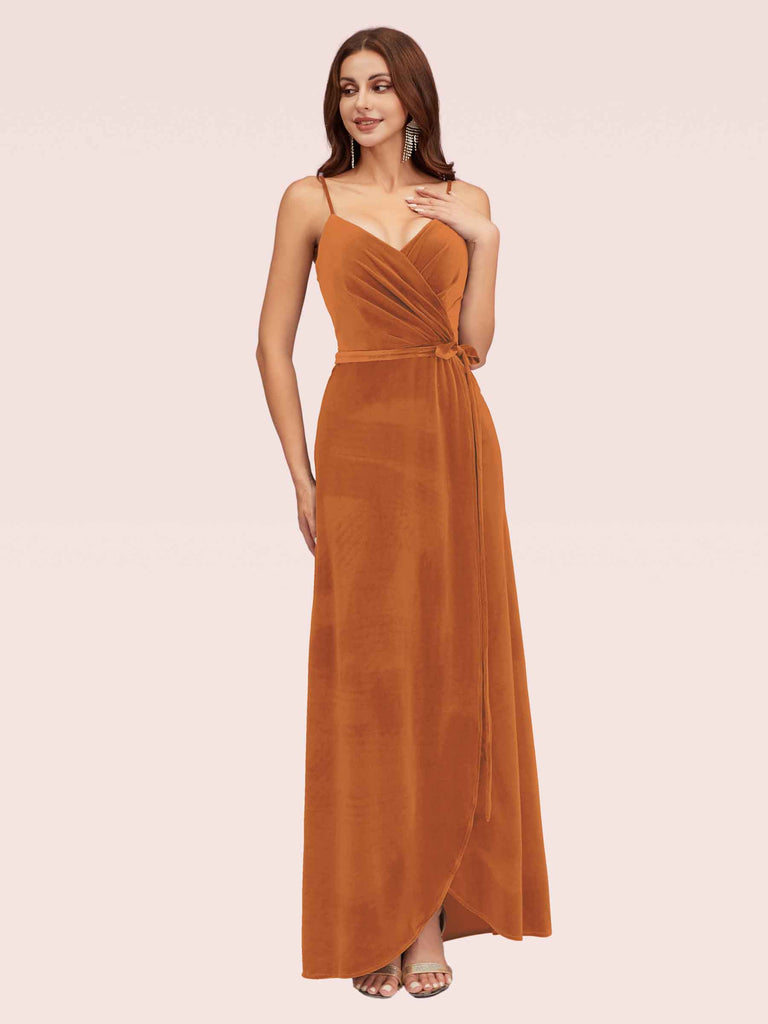 Elegant Velvet Spaghetti Straps V-neck Modern Long Bridesmaid Dresses