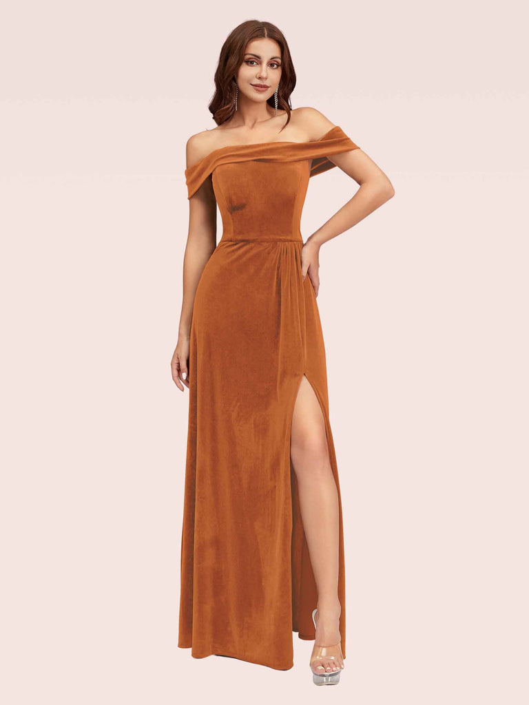 Elegant Stretch Velvet Off Shoulder Side Slit Long Formal Prom Dresses Online Elegant Stretch Velvet Off Shoulder Side Slit Long Formal Prom Dresses Online
