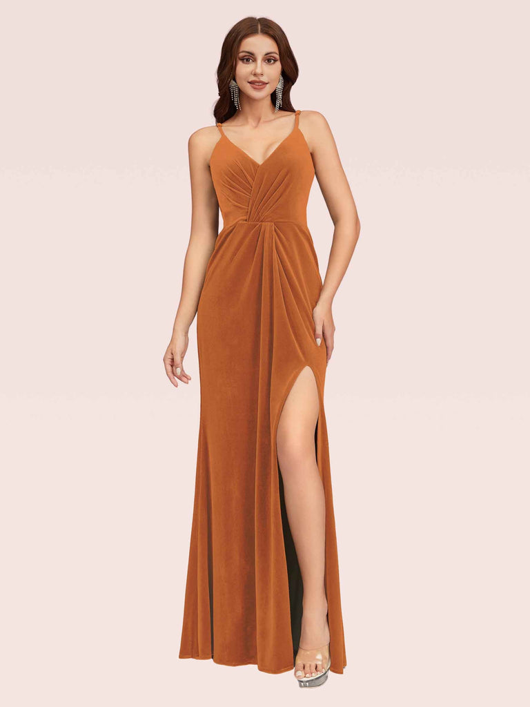 Sexy Spaghetti Strap V-Neck Long Velvet Evening Prom Dress With Slit