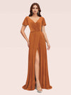 Elegant Velvet V-neck Side Slit Short Sleeves Long Bridesmaid Dresses Online