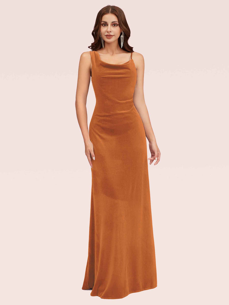 Cetims Sexy Cowl Neck Velvet Spaghetti Straps Long Bridesmaid Dresses Copper