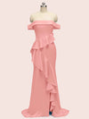 Sexy Off Shoulder Ruffles Long Soft Satin Party Prom Dresses With Slit