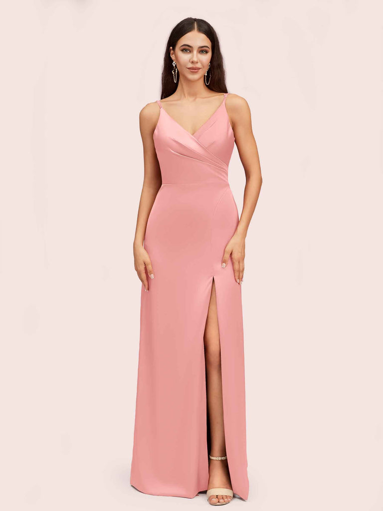 Simple Soft Satin Sexy Spaghetti Straps Long Side Slit Mermaid Graduation Prom Dresses