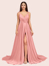 Elegant Spaghetti Straps V-neck Long Soft Satin Side Slit Bridesmaid Dresses For Sale