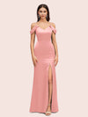 Sexy Cold Shoulder V-Neck Side Slit Mermaid Long Soft Satin Evening Prom Dresses
