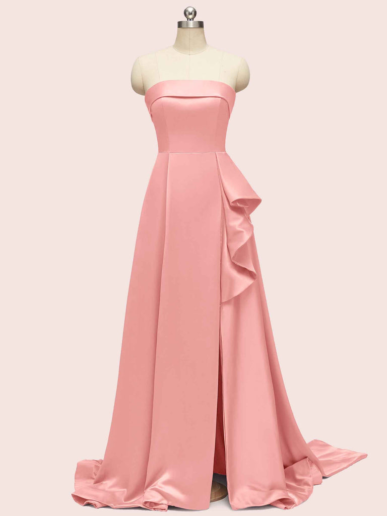 Elegant Strapless Long Soft Satin Formal Prom Dresses For Women