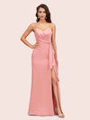 Sexy Spaghetti Straps V-neck Long Mermaid Satin Bridesmaid Dresses With Slit