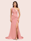 Sexy Side Slit Mermaid One Shoulder Long Soft Satin Bridesmaid Dresses Online For Sale