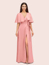 Elegant Bat Sleeves V-neck Side Slit Long Soft Satin Party Prom Dresses 2023