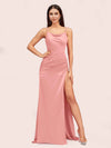 Sexy Spaghetti Straps Mermaid Long Soft Satin Graduation Prom Dresses With Slit