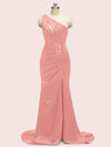Sexy Mermaid One Shoulder Long Soft Satin Formal Prom Dresses With Slit