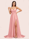 Elegant A-line Spaghetti Straps Long Soft Satin Bridesmaid Dresses With Slit For Sale