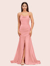 Sexy Backless Mermaid Spaghetti Straps Long Soft Satin Bridesmaid Dresses With Slit