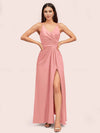 Modern Spaghetti Straps V-neck Side Slit Long Satin Party Prom Dresses With Slit