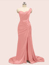 Sexy One Shoulder Long Soft Satin Mermaid Party Prom Dresses With Slit