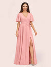 Elegant V-neck Short Sleeves Long Soft Satin Party Prom Dresses With Slit