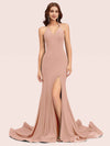 Sexy Halter V-neck Side Slit Stretchy Jersey Long Mermaid Bridesmaid Dresses