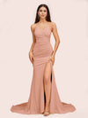 Sexy Spaghetti Straps Sleeveless Mermaid Jersey Long Formal Prom Dresses With Slit