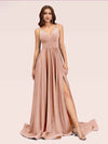Sexy Side Slit Spaghetti Straps V-neck Jersey Long Bridesmaid Dresses Online For Sale