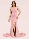 Sexy V-neck Side Slit Stretchy Jersey Long Mermaid Bridesmaid Dresses For Sale