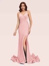 Sexy Spaghetti Straps V-neck Open Back Side Slit Stretchy Jersey Long Mermaid Bridesmaid Dresses
