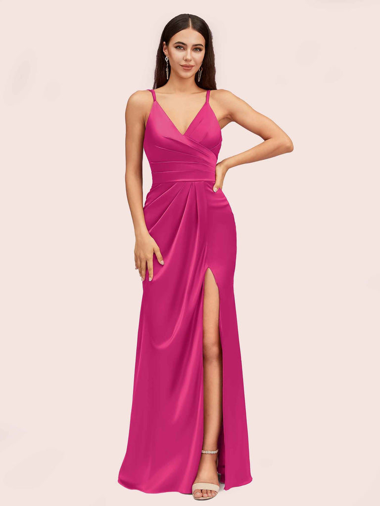 STACEES Prom Dress A-Line V Neck Spaghetti Straps Long/Floor-Length Tulle Beading Sequins Split - Fuchsia