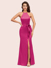 Sexy Mermaid Halter Long Silky Satin Party Prom Dresses With Slit