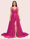 Elegant Spaghetti Straps A-line V-neck Long Soft Satin Side Slit Formal Prom Dresses